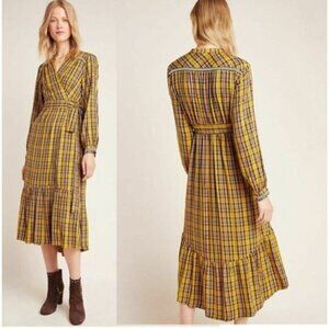 Anthropologie Dalton Plaid wrap maxi dress embroidered XS